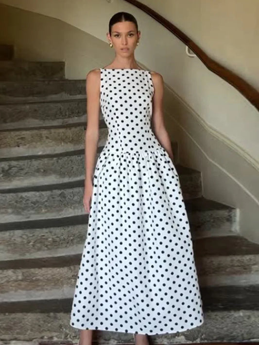Serenne Long Dresses - Chic and Elegant, Polka Dot and Sleeveless