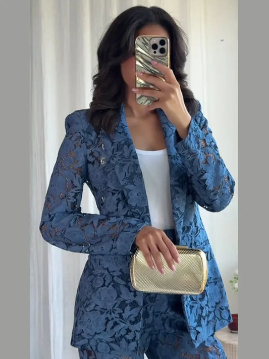 Serenne Set - Chic and Elegant Blue Lace Blazer