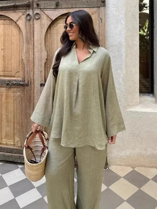 Serenne Linen Set - Shirt and Pants, Summer 2025, Casual Wear, Long Sleeve Top, Loose Pants