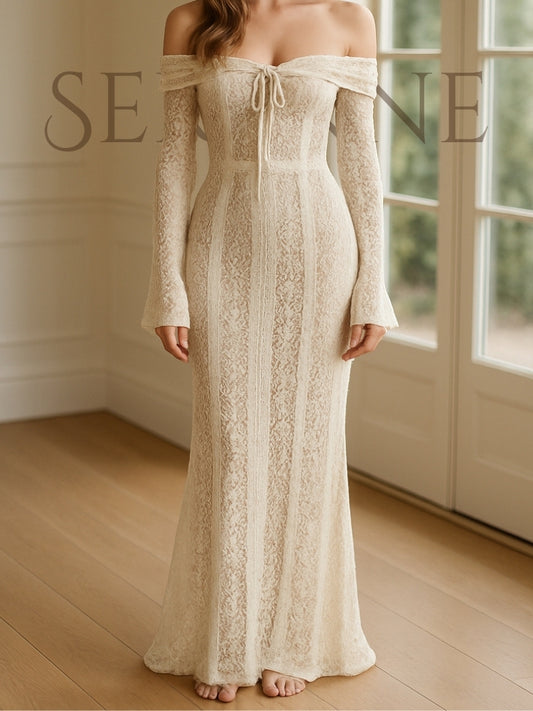 Serenne Lace Dress - Flare Sleeve, Off Shoulder, Sexy, Floor Length, Elegant Robe