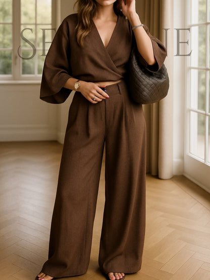 Serenne Summer Set - Casual Pleated Trousers, Single Breasted Top With Deep V Neckline