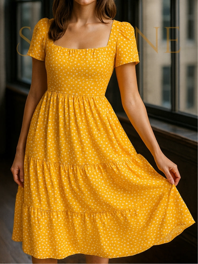 High-Waisted Floral Dress With Square Neckline