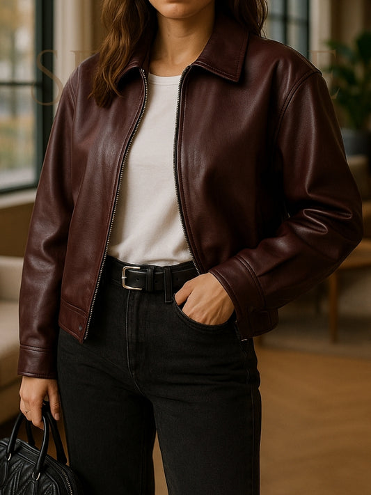 Serenne Leather Coat - Women's Retro Zipper Jacket, Autumn Fashion, Casual
