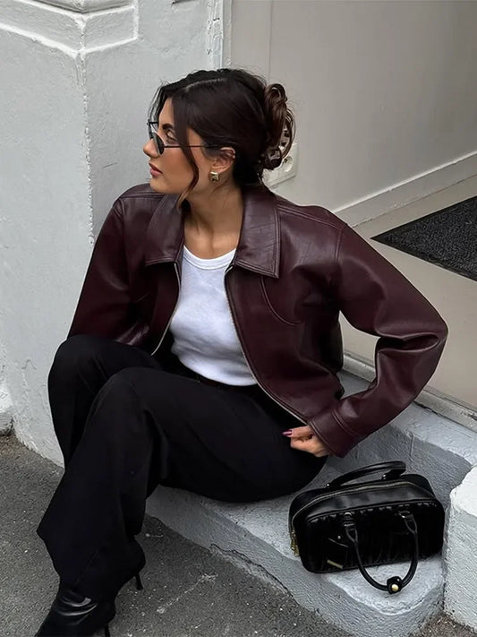 Serenne Leather Coat - Women's Retro Zipper Jacket, Autumn Fashion, Casual