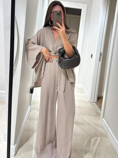 Serenne Summer Set - Casual Pleated Trousers, Single Breasted Top With Deep V Neckline