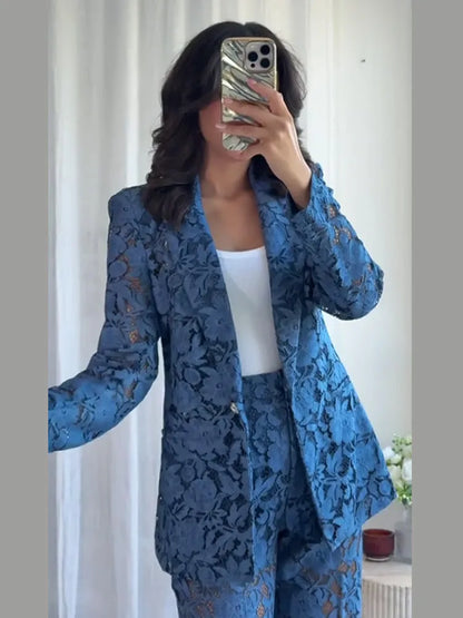 Serenne Set - Chic and Elegant Blue Lace Blazer