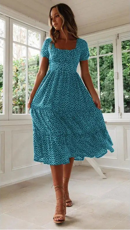 High-Waisted Floral Dress With Square Neckline