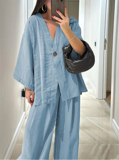Serenne Summer Set - Casual Pleated Trousers, Single Breasted Top With Deep V Neckline