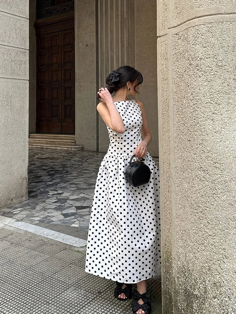 Serenne Long Dresses - Chic and Elegant, Polka Dot and Sleeveless