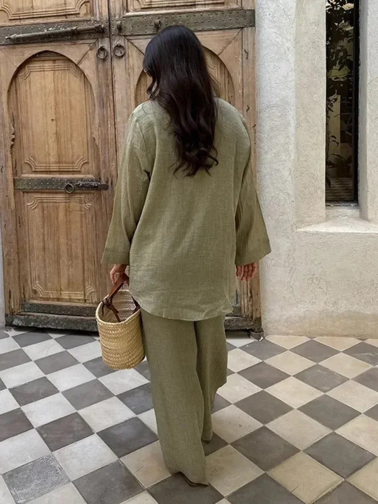 Serenne Linen Set - Shirt and Pants, Summer 2025, Casual Wear, Long Sleeve Top, Loose Pants