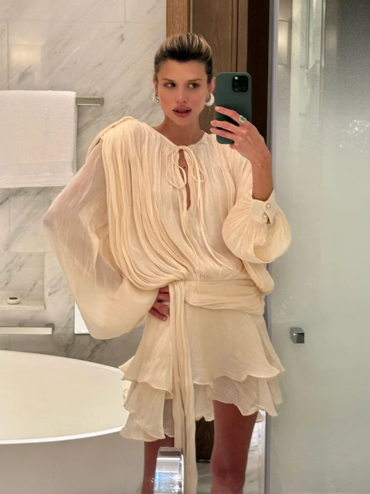 Summer Serenne Dress - Short, High-Waisted, Puff Sleeve, Elegant, Casual