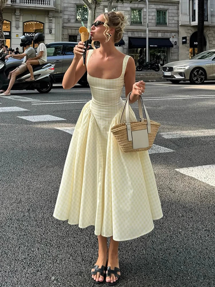 Elegant Short Dress - Sleeveless, High Waist, Square Neck, Chic, Urban Fashion