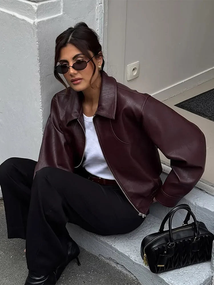 Serenne Leather Coat - Women's Retro Zipper Jacket, Autumn Fashion, Casual