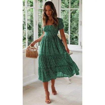 High-Waisted Floral Dress With Square Neckline