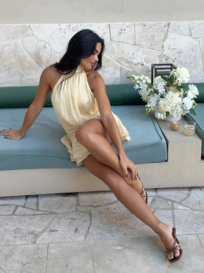 Serenne Short Dress - Thin Straps and Open Back, Elegant, Sexy Chiffon, Pleated