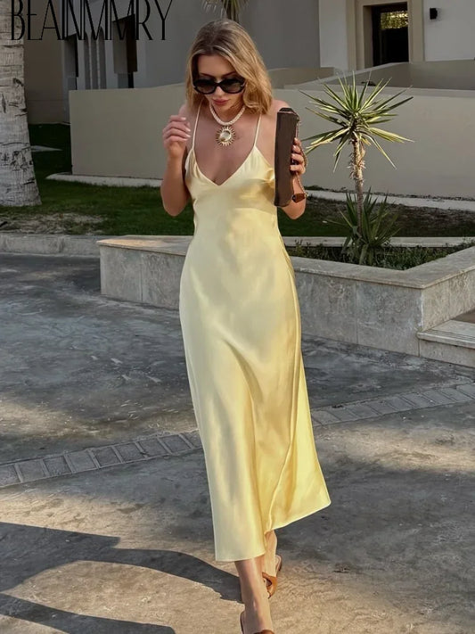 Serenne V-Neck Dress - Elegant Backless, Spaghetti Straps, Chic Robe, Vacation