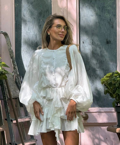 Summer Serenne Dress - Short, High-Waisted, Puff Sleeve, Elegant, Casual