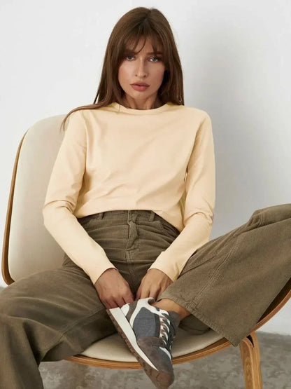 Serenne Oversized T-Shirt - Spring and Autumn, Plain, Long Sleeve, Basic and Elegant