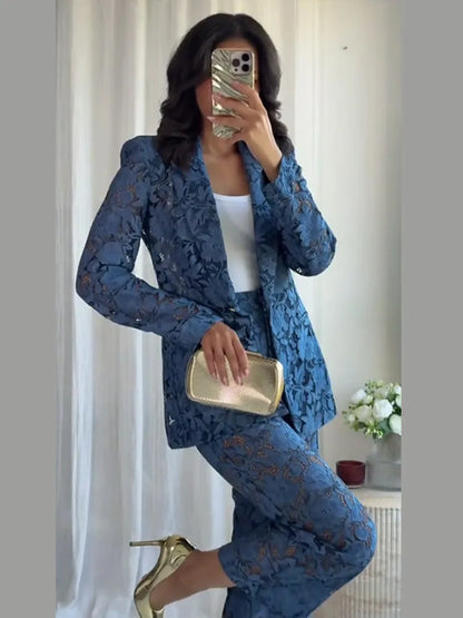 Serenne Set - Chic and Elegant Blue Lace Blazer