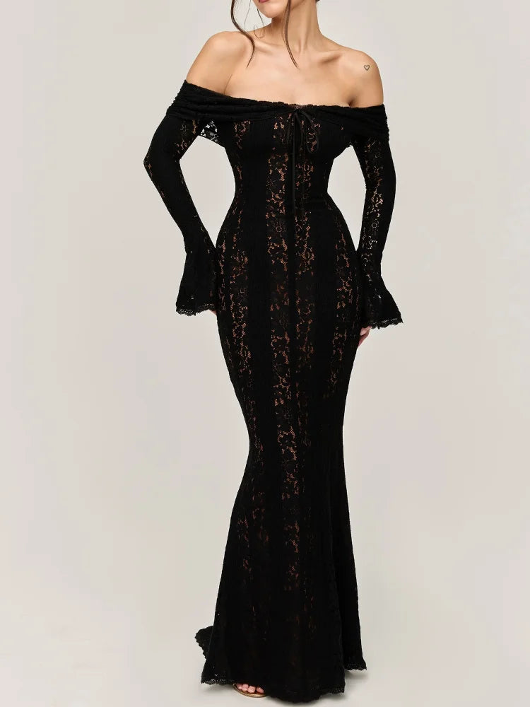 Serenne Lace Dress - Flare Sleeve, Off Shoulder, Sexy, Floor Length, Elegant Robe