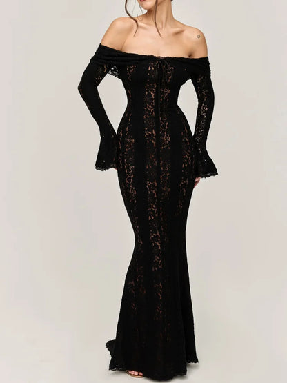 Serenne Lace Dress - Flare Sleeve, Off Shoulder, Sexy, Floor Length, Elegant Robe