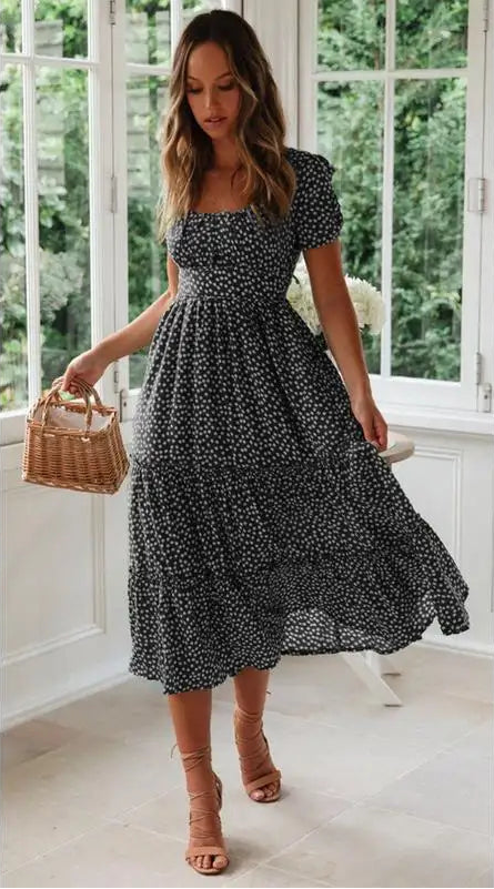 High-Waisted Floral Dress With Square Neckline