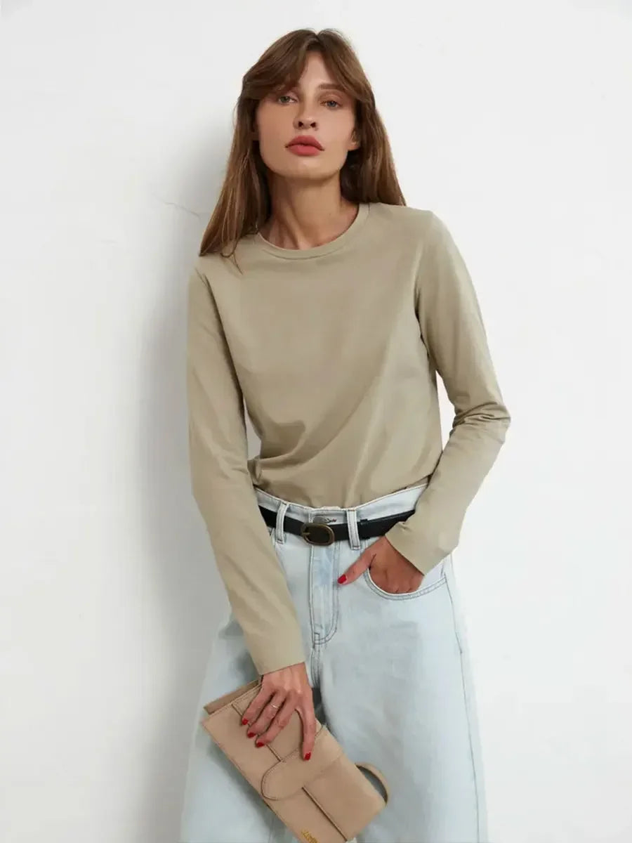 Serenne Oversized T-Shirt - Spring and Autumn, Plain, Long Sleeve, Basic and Elegant