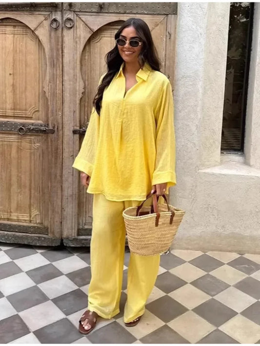 Serenne Linen Set - Shirt and Pants, Summer 2025, Casual Wear, Long Sleeve Top, Loose Pants