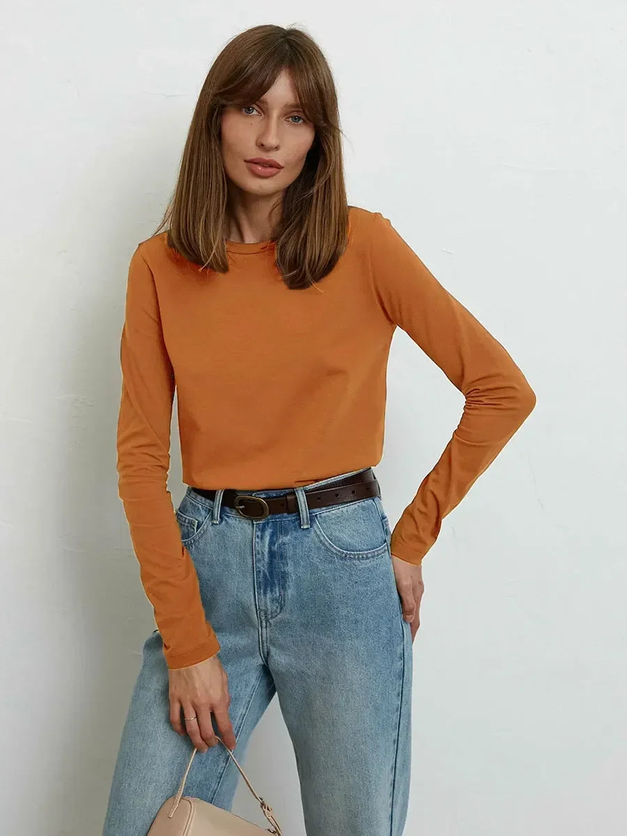 Serenne Oversized T-Shirt - Spring and Autumn, Plain, Long Sleeve, Basic and Elegant