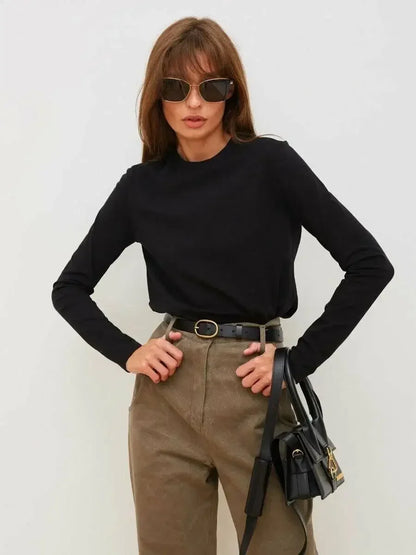Serenne Oversized T-Shirt - Spring and Autumn, Plain, Long Sleeve, Basic and Elegant