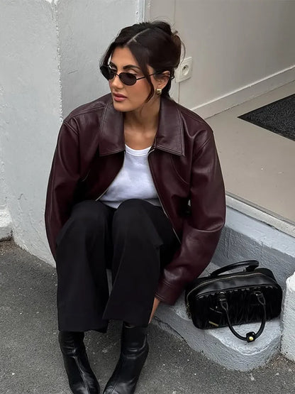 Serenne Leather Coat - Women's Retro Zipper Jacket, Autumn Fashion, Casual