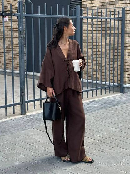 Serenne Linen Set - Shirt and Pants, Summer 2025, Casual Wear, Long Sleeve Top, Loose Pants