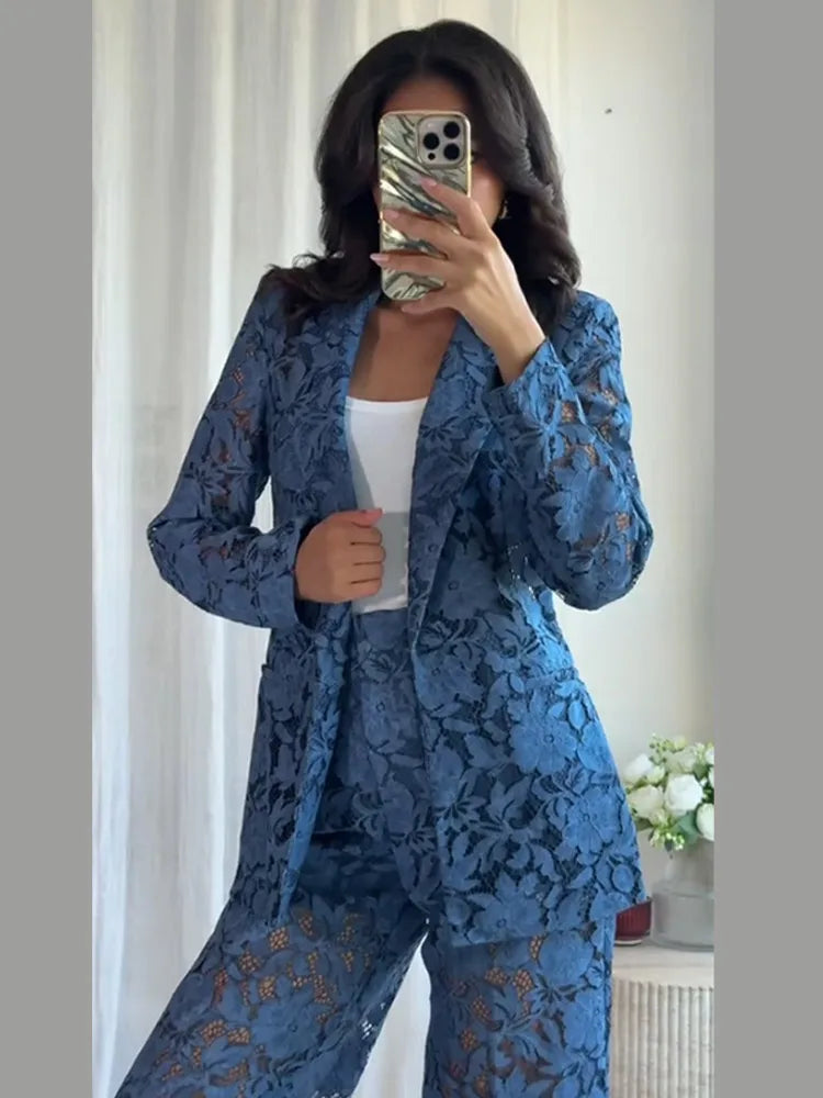 Serenne Set - Chic and Elegant Blue Lace Blazer