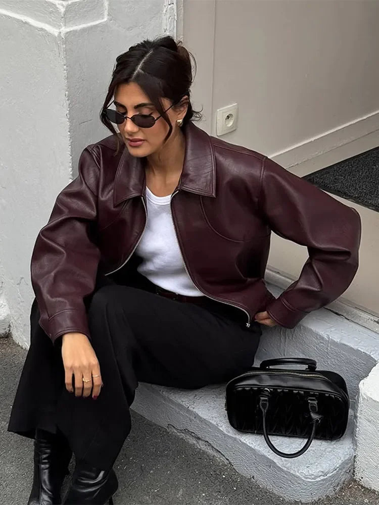 Serenne Leather Coat - Women's Retro Zipper Jacket, Autumn Fashion, Casual