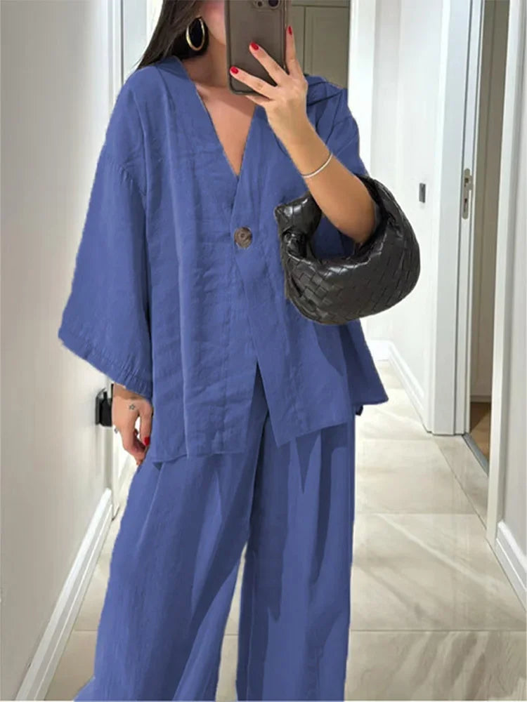 Serenne Summer Set - Casual Pleated Trousers, Single Breasted Top With Deep V Neckline