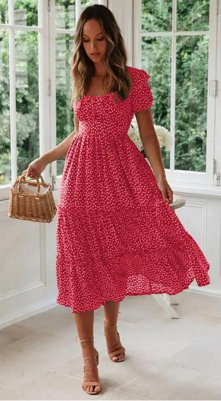 High-Waisted Floral Dress With Square Neckline