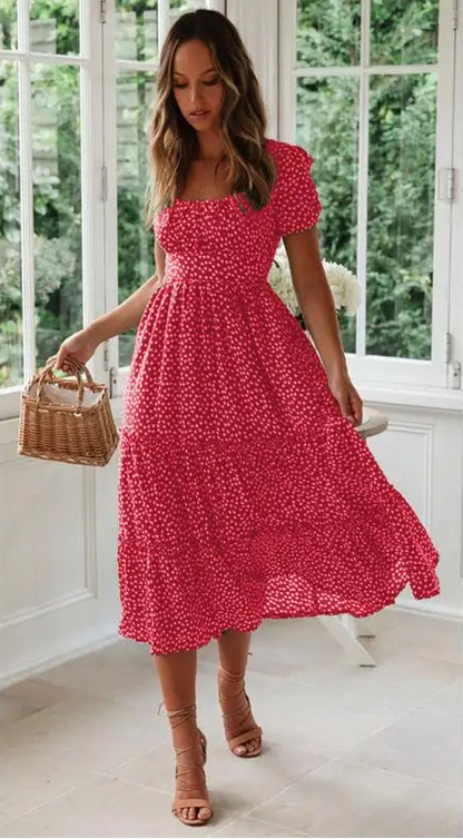 High-Waisted Floral Dress With Square Neckline