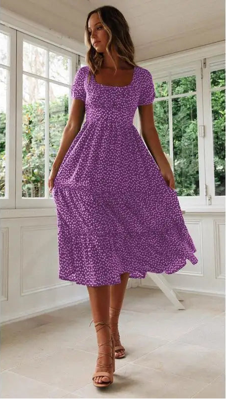 High-Waisted Floral Dress With Square Neckline