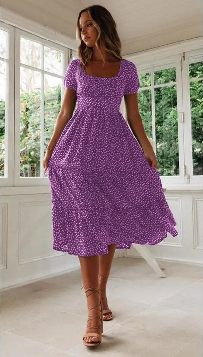 High-Waisted Floral Dress With Square Neckline