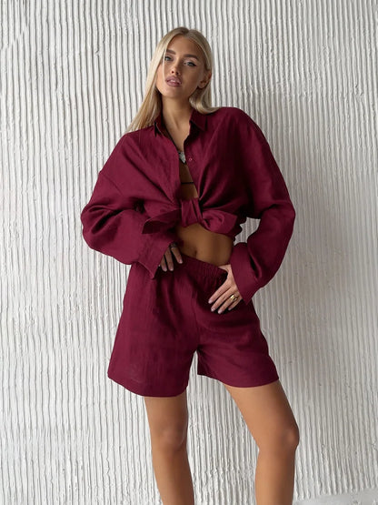 Bornladies Cotton Set, Long Sleeve Shirt and Shorts - Summer Serenne 2025