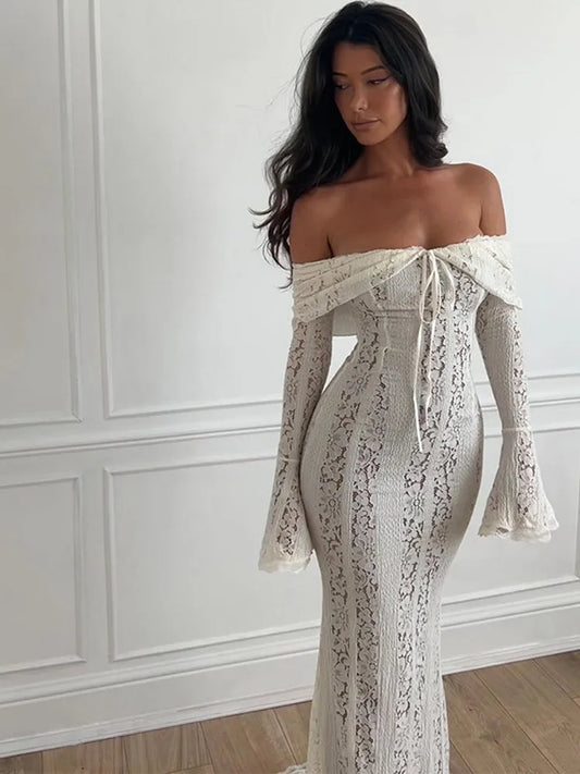 Serenne Lace Dress - Flare Sleeve, Off Shoulder, Sexy, Floor Length, Elegant Robe
