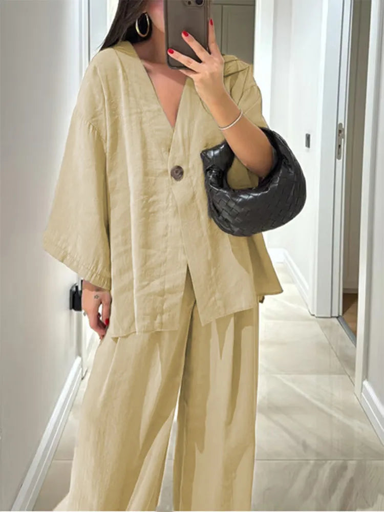 Serenne Summer Set - Casual Pleated Trousers, Single Breasted Top With Deep V Neckline