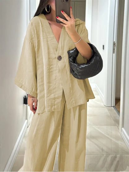 Serenne Summer Set - Casual Pleated Trousers, Single Breasted Top With Deep V Neckline
