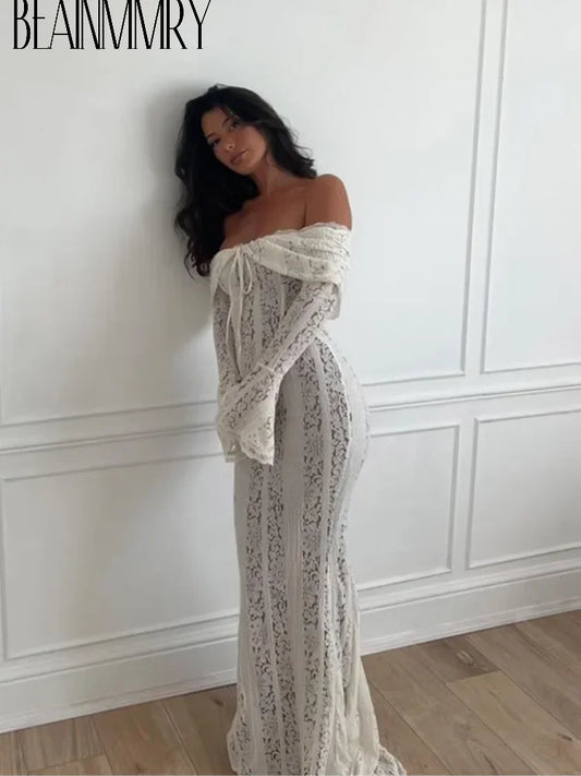 Serenne Lace Dress - Flare Sleeve, Off Shoulder, Sexy, Floor Length, Elegant Robe