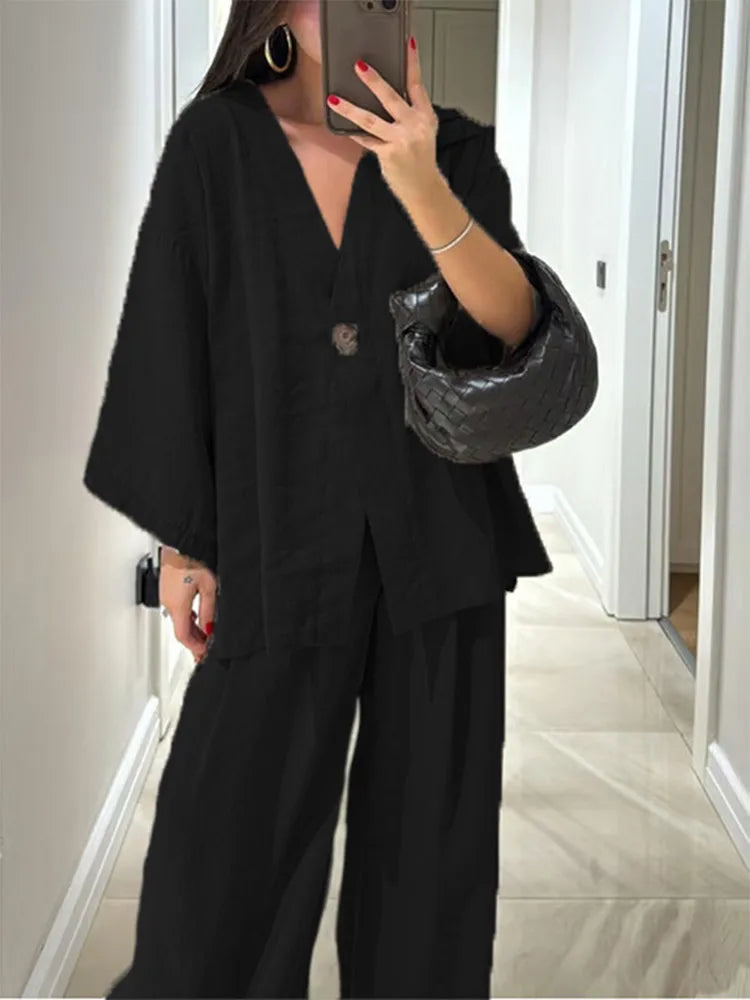 Serenne Summer Set - Casual Pleated Trousers, Single Breasted Top With Deep V Neckline