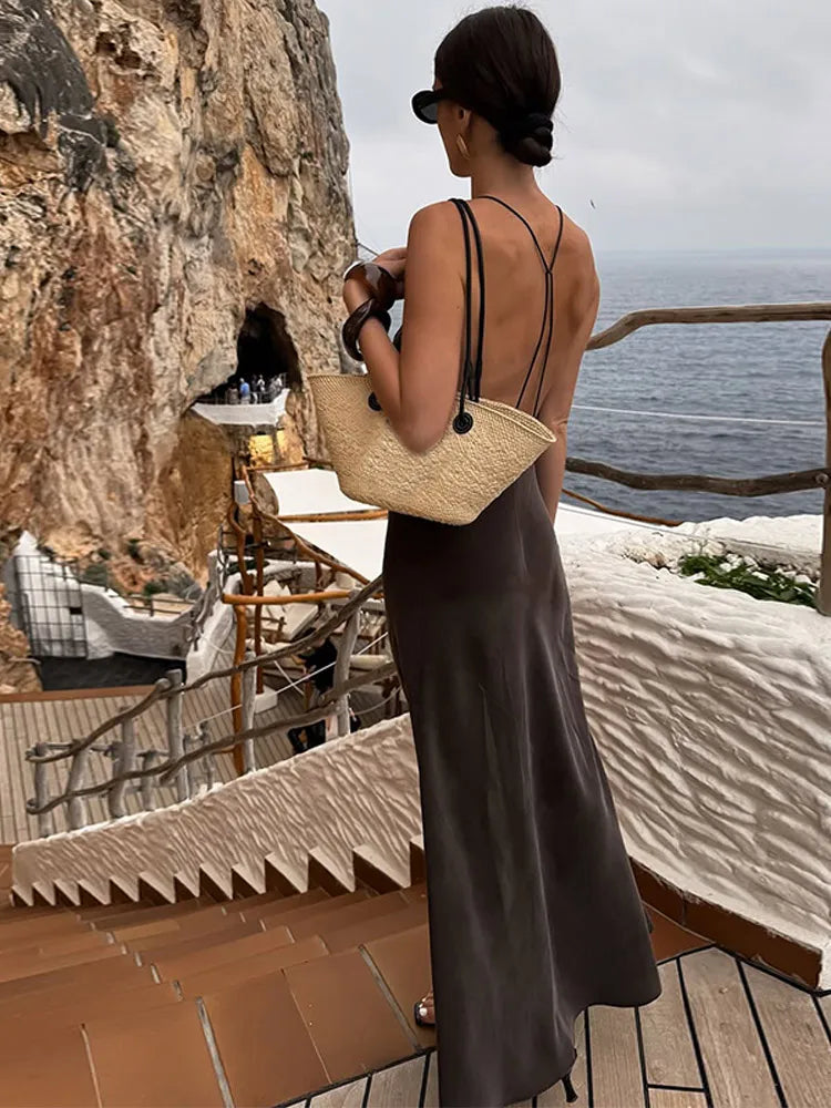 Serenne Long Dress - Backless, V-Neck, Elegant and Casual