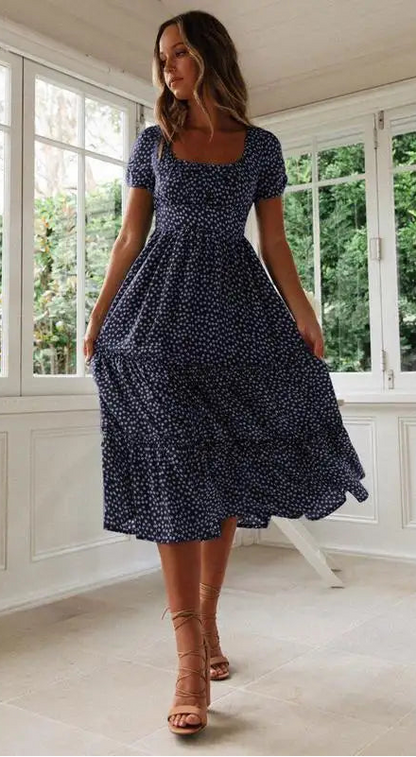High-Waisted Floral Dress With Square Neckline