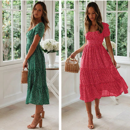 High-Waisted Floral Dress With Square Neckline