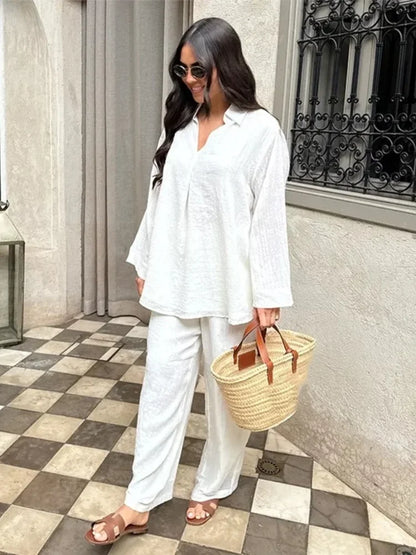 Serenne Linen Set - Shirt and Pants, Summer 2025, Casual Wear, Long Sleeve Top, Loose Pants