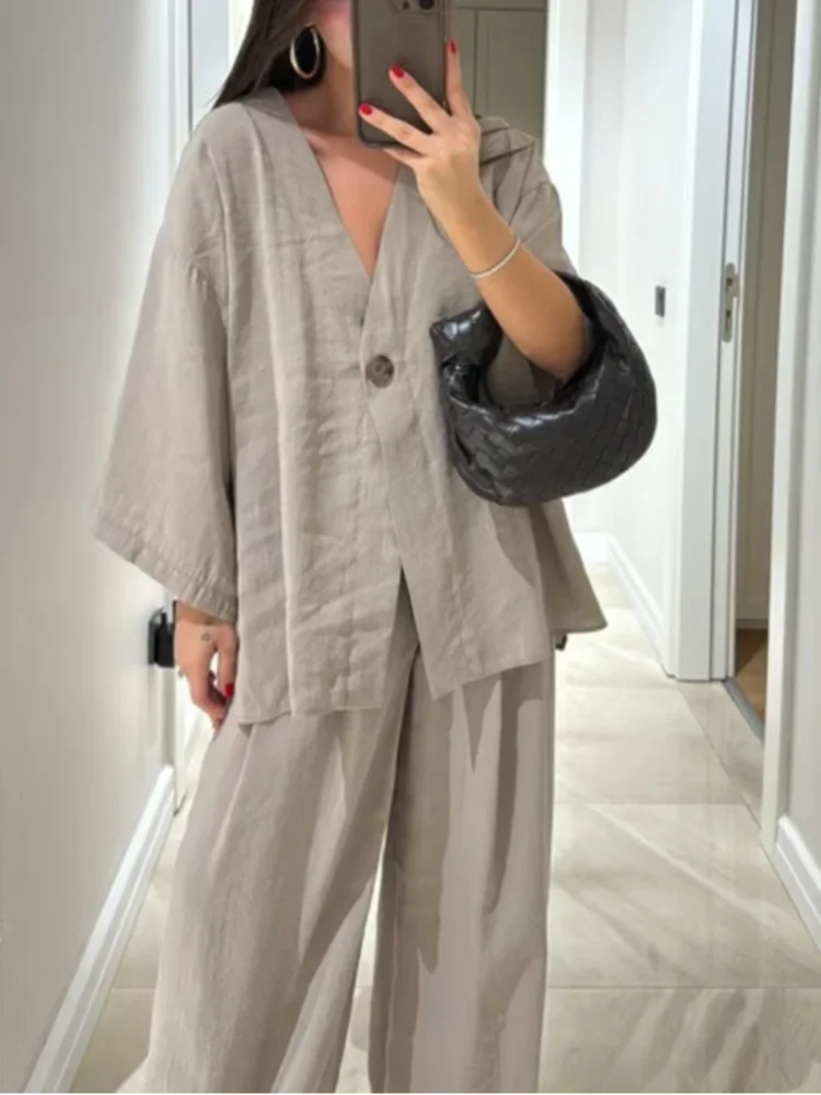 Serenne Summer Set - Casual Pleated Trousers, Single Breasted Top With Deep V Neckline